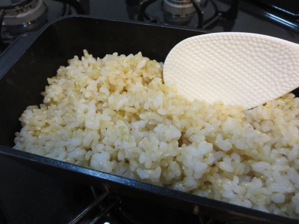 発芽玄米にした玄米を計量し、トースターパンで炊飯