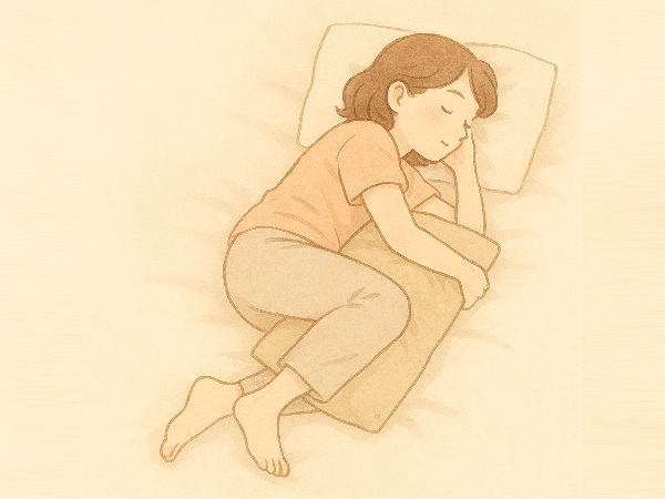 膝の間にクッションを挟んで寝ています