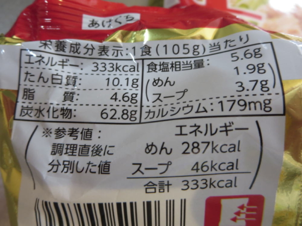 マルちゃん正麺の栄養成分表示