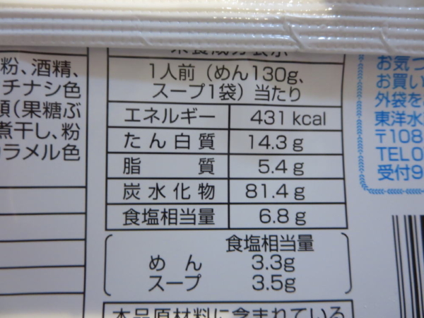 つけ麺(魚介豚骨醤油味)マルちゃんの栄養成分表示