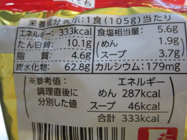 マルちゃん正麺醤油味の栄養成分表示