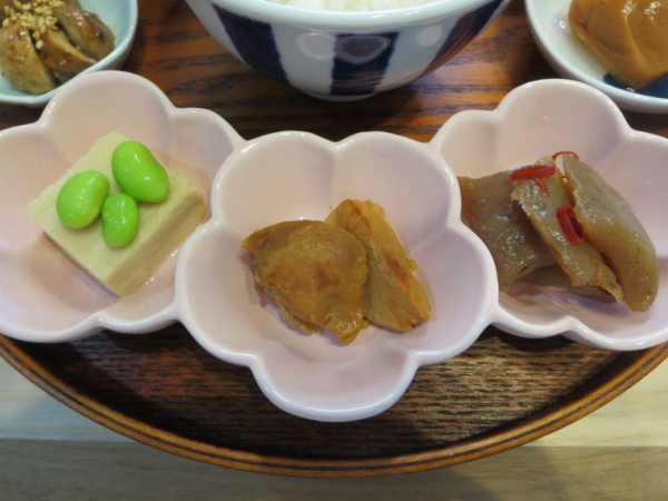 高野豆腐の含め煮、豚肉、ピリ辛こんにゃく