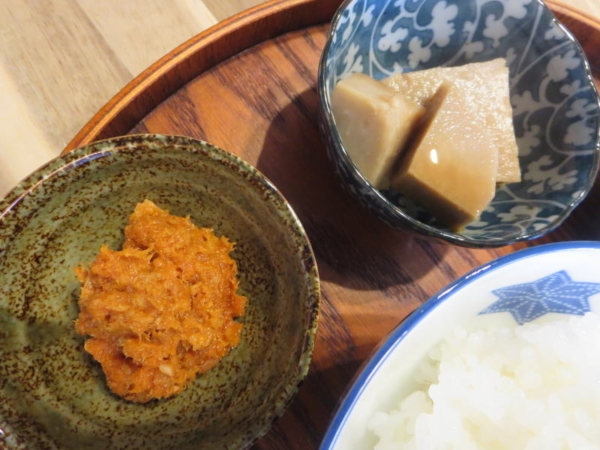 さばらー味噌ラー油、たけのこいもの甘煮