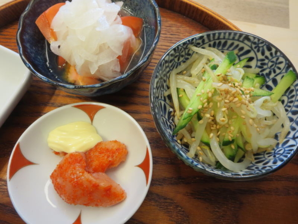 明太子、和え物、トマトの酢玉ねぎのせ