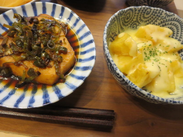 メカジキのネギ焼き、揚げじゃがチーズ