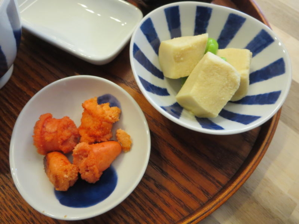 焼明太子、高野豆腐煮(枝豆添え)