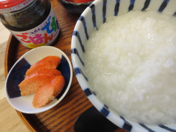 白粥、焼明太子、海苔の佃煮