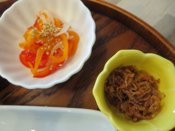 カラーピーマンの甘酢漬け、あみの佃煮