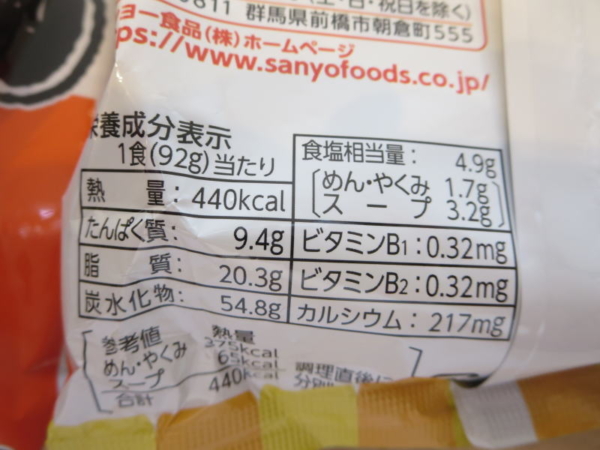 サッポロ一番みそラーメン(バター風味)の栄養成分表示