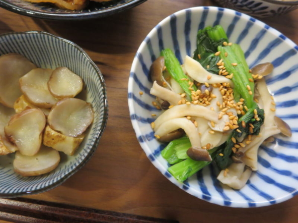しめじと小松菜の中華風、菊芋のバターしょう油