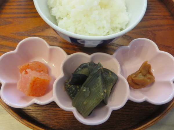 明太子、なすの甘辛炒め、梅干