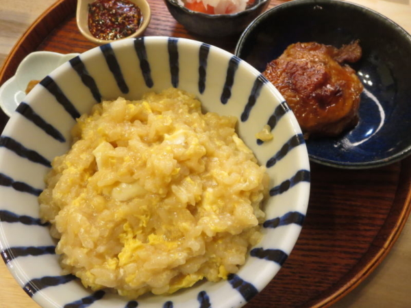 おじや、照り焼きチキン(前日の残り)